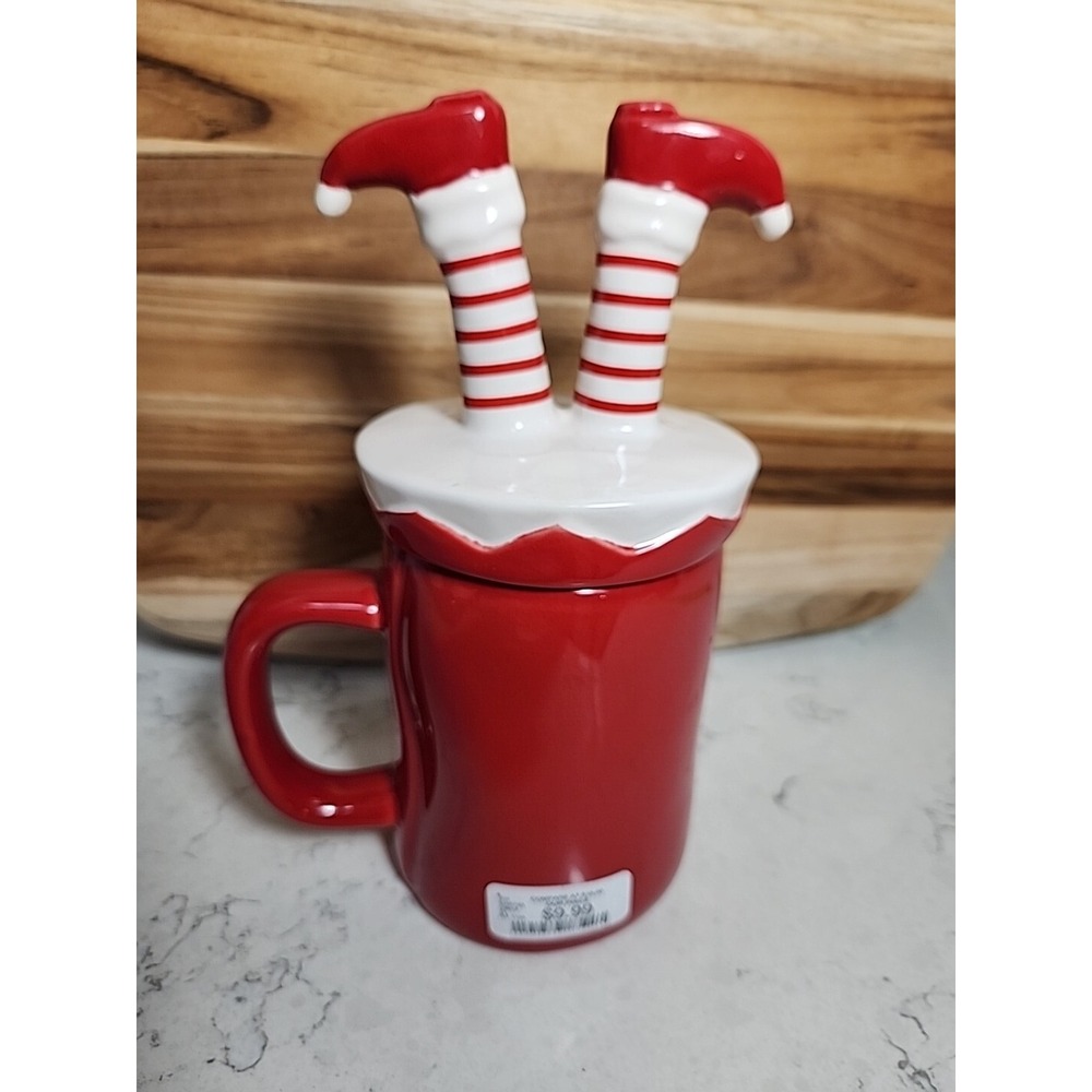 Rae Dunn SANTA'S HELPER Mug w Elf Legs Topper Christmas Red White 2020 VHTF - Picture 6 of 11